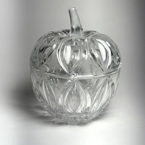 Clear Crystal Apple Candy Dish‎ with Lid Vintage Decorative Tabletop Accent
